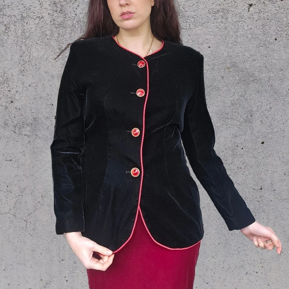 Vintage 80's Velour JS Collections Coat With Jewel Red Buttons & Trim - Picture 9 of 12
